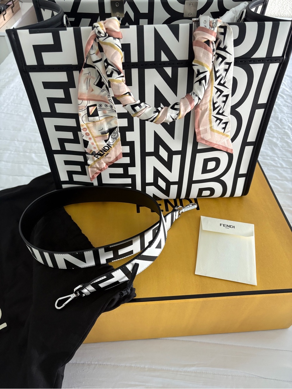 Fendi Black and White Logo Canvas Tote with Pink Accent Scarf